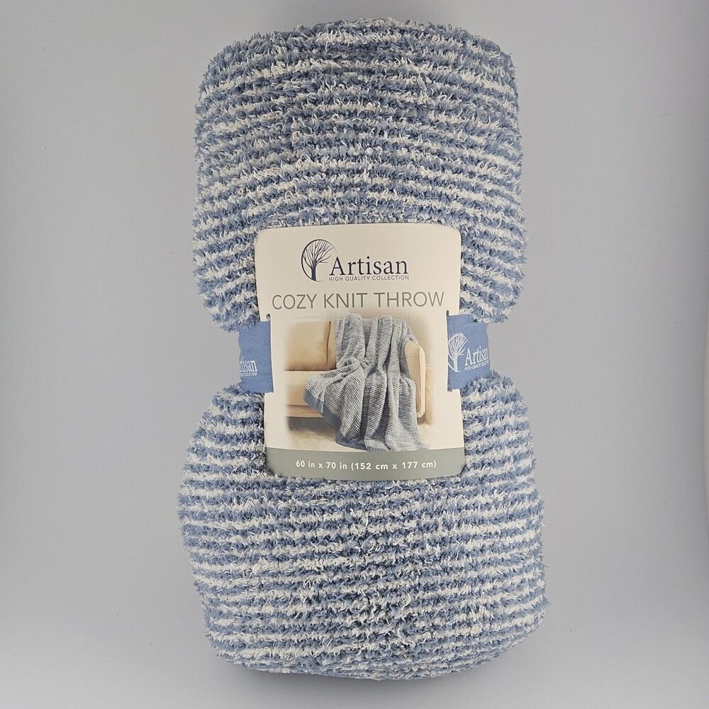 Artisan Cozy Knit Throw Blanket 60 x 70 Blue White Striped Plush NWT 1652930